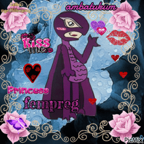 a picture of a purple monster with the words kiss me princess fempreg on it