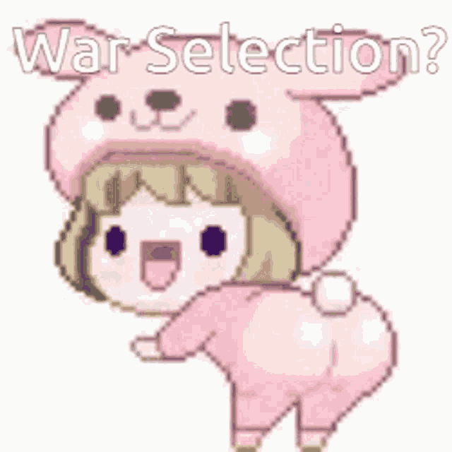 a pixel art of a girl in a pink bunny costume with the words `` war selection '' written above her .