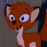 a close up of a cartoon fox with big eyes and a purple nose .