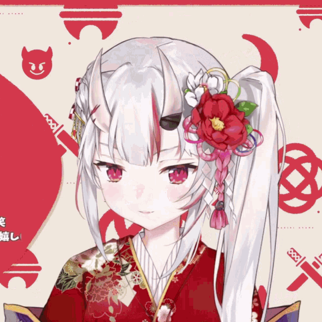 a girl with white hair and red eyes is wearing a kimono