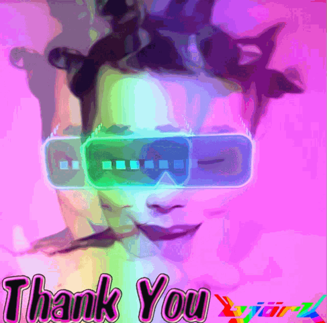 a woman wearing virtual reality glasses with the words thank you written below her