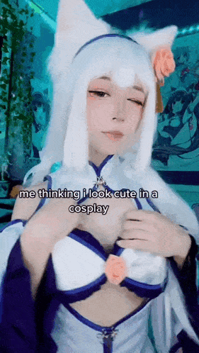 a girl in a white cat costume is thinking about cosplay