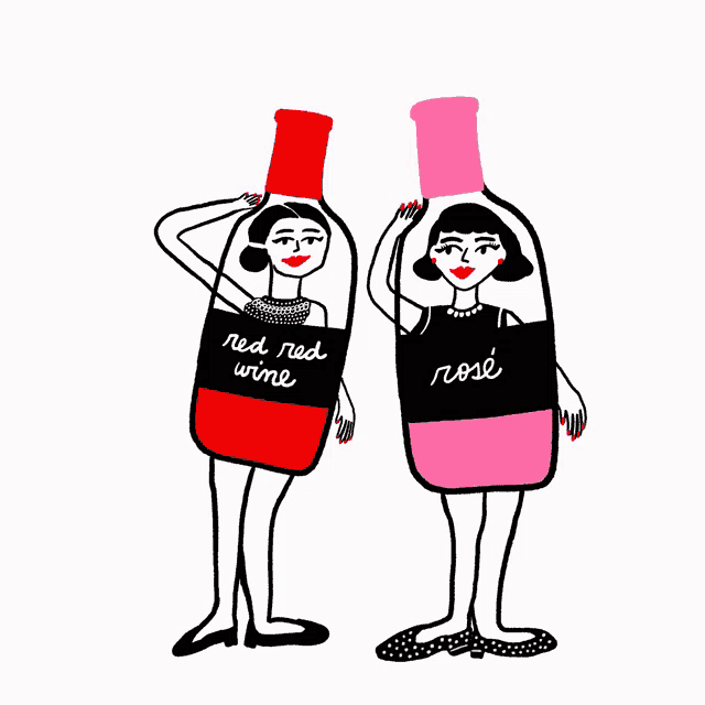 a drawing of two women dressed as bottles of red wine and rosé
