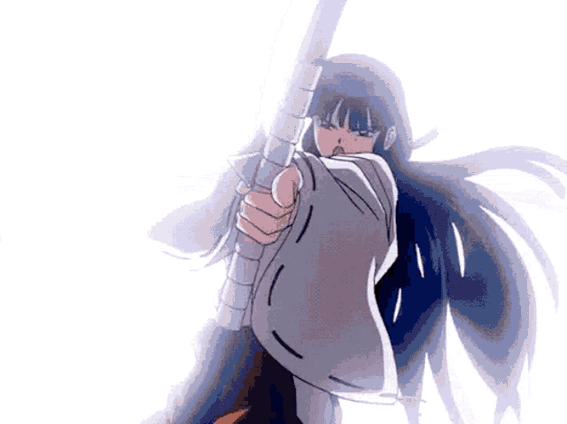 a girl with long black hair is holding a sword in her hand