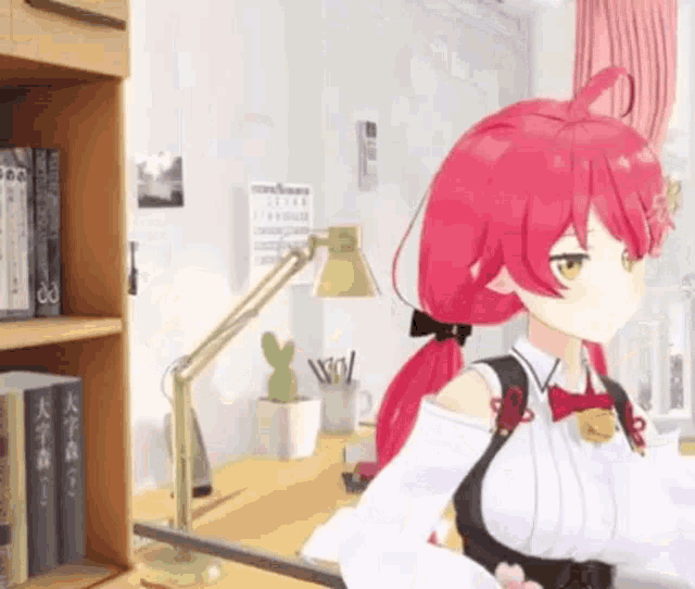 a 3d anime girl with red hair is standing in front of a desk with a lamp .