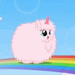 a pink fluffy animal with a party hat on stands on a rainbow