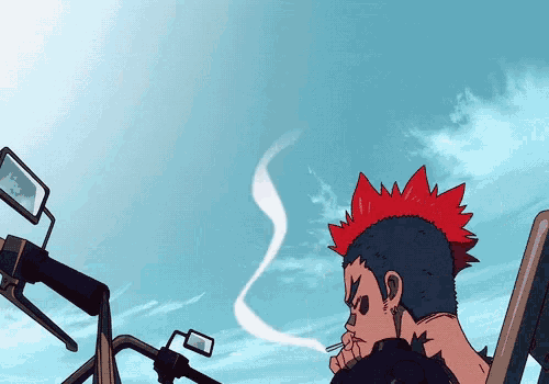 a man with a red mohawk smoking a cigarette