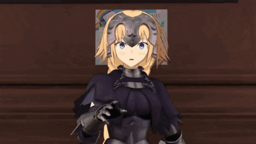 a girl in a knight 's armor is standing in front of a wall with a picture of a rainbow on it
