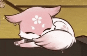 a pink and white fox with a flower on its head is laying down on a table .