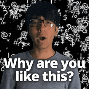 a man wearing glasses is standing in front of a black background that says " why are you like this "
