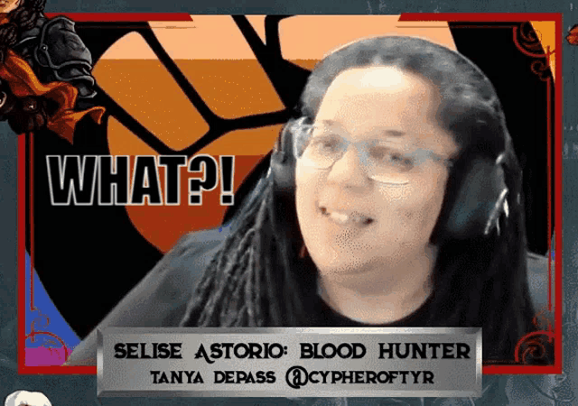 a woman wearing headphones with the words what on the bottom