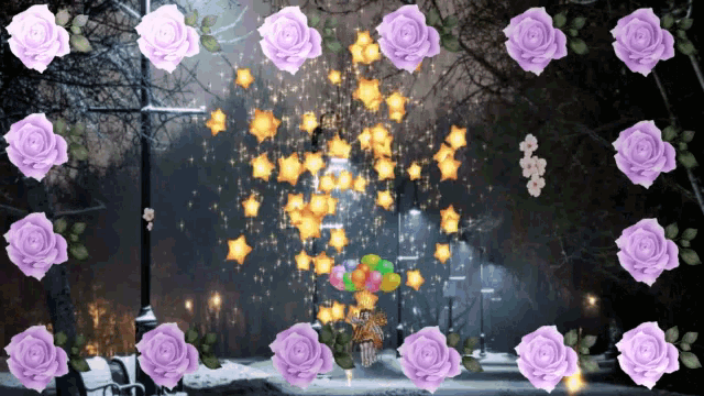 purple roses are surrounded by balloons and stars on a snowy street
