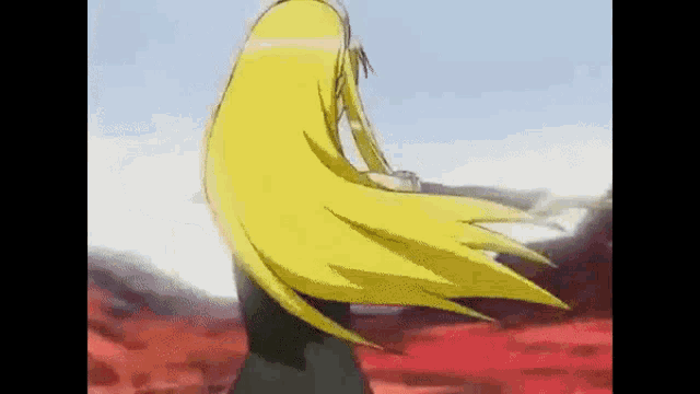 a girl with long yellow hair is standing in a field of red flowers .