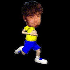 a cartoon character in a yellow shirt and blue shorts