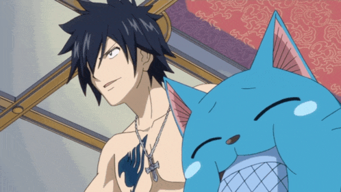 a shirtless anime character is standing next to a stuffed blue cat