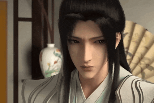 a man with long black hair is standing next to a fan and a vase