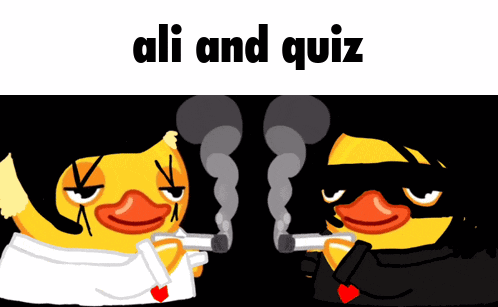 two cartoon ducks with guns and the words ali and quiz
