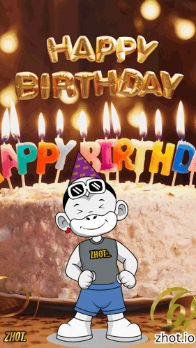 a cartoon character standing in front of a birthday cake