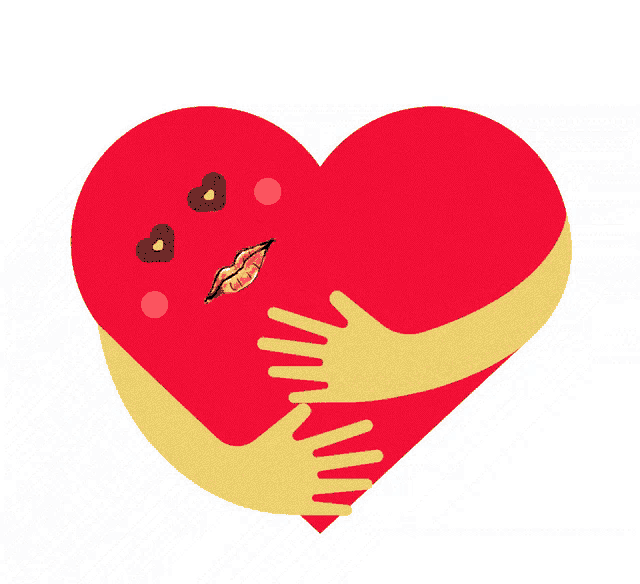 a red heart with a woman 's face on it and hands hugging it