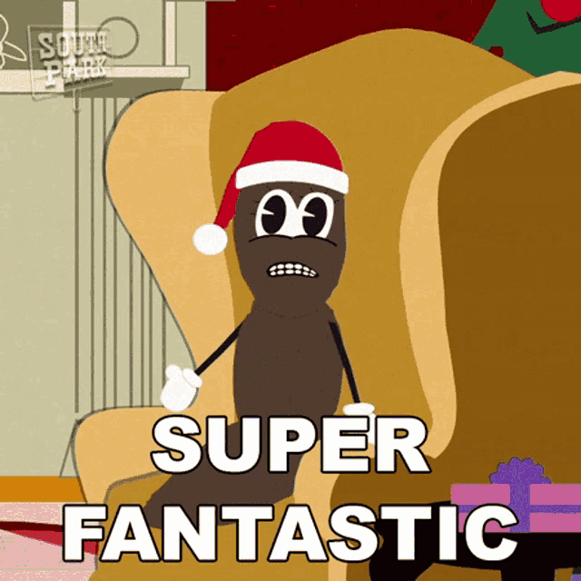 a cartoon of a poop wearing a santa hat with the words super fantastic
