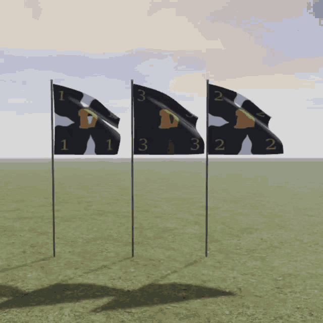 three black flags with the numbers 1 2 3 and 2 on them