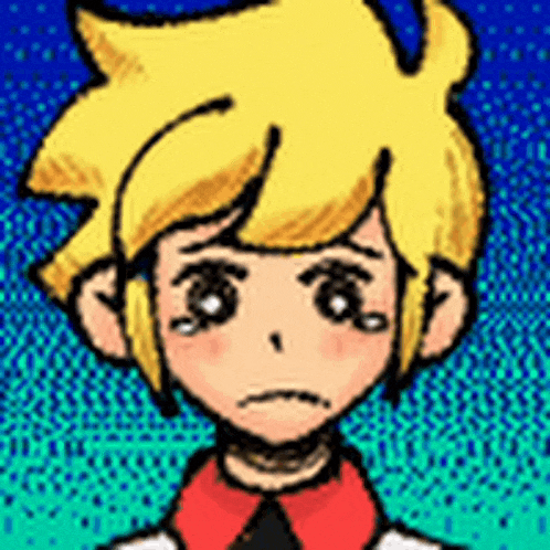 a cartoon character with yellow hair and a sad look on his face