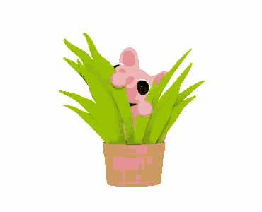 a cartoon pig is peeking out of a potted plant .