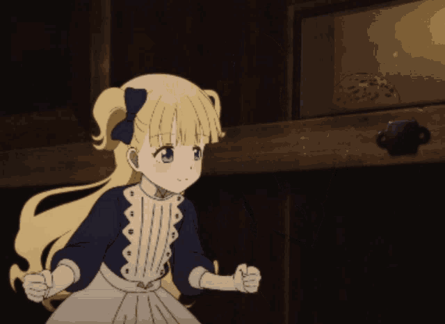 a girl with blonde hair and blue eyes is standing in front of a wooden door