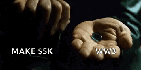 a person holding a red pill and a blue pill with the words make $ 5k and ww3
