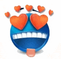 a blue smiley face with orange hearts instead of eyes and a tongue sticking out .