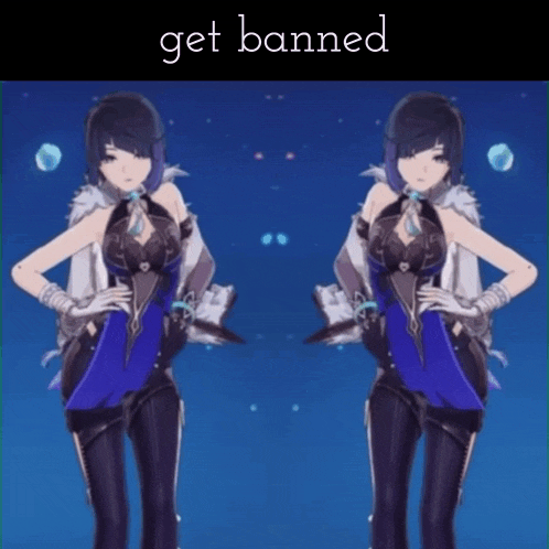 two anime girls are standing next to each other with the words get banned written above them