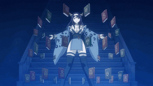 a girl with horns is surrounded by books including one that says ' a ' on it