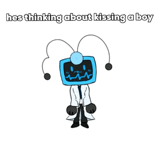 a cartoon character with a monitor on his head is standing in a lab coat and thinking about kissing a boy .