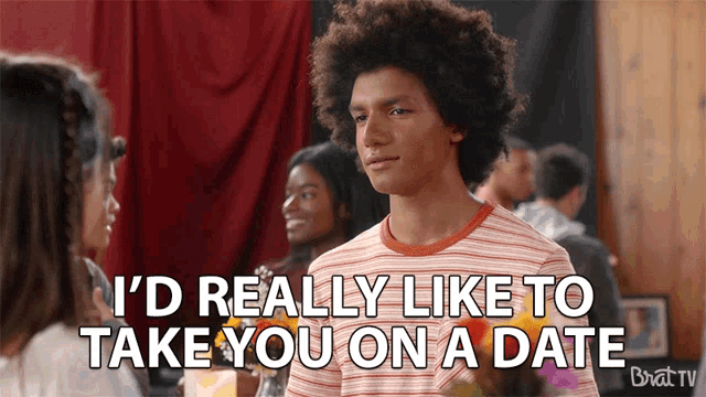 a man with an afro is talking to a girl and says " i 'd really like to take you on a date "