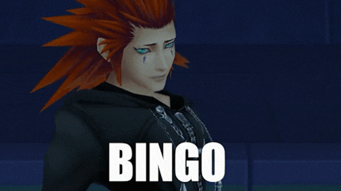 a cartoon character with red hair and the word bingo in white