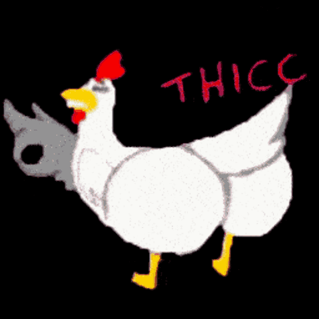 a drawing of two chickens with the word thicc written in red