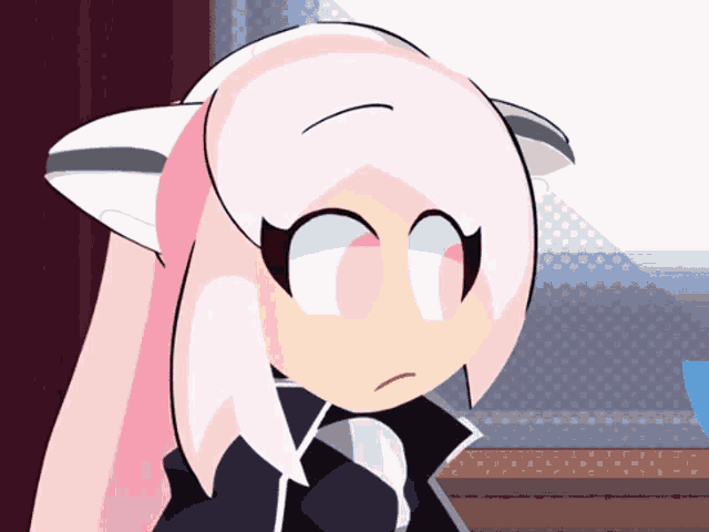 a cartoon girl with pink hair and white eyes