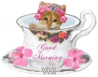 a kitten is sitting in a teacup with flowers and the words good morning written on it