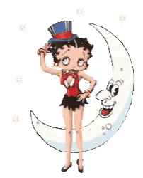 betty boop is standing next to a crescent moon