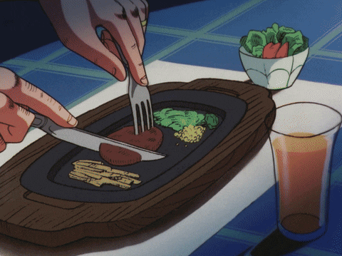 a cartoon drawing of a person cutting a steak with a knife and fork