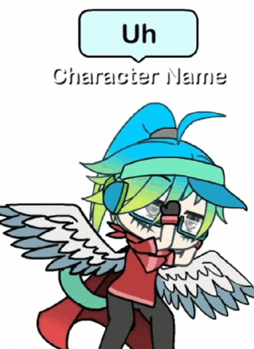 a drawing of a character with a speech bubble that says character name