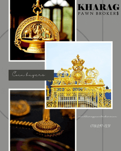 an advertisement for kharag pawnbrokers shows gold jewelry and a gold gate
