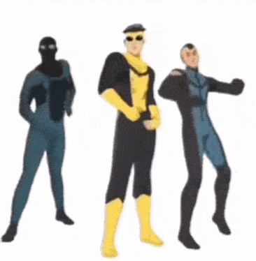 a group of men in superhero costumes are dancing together