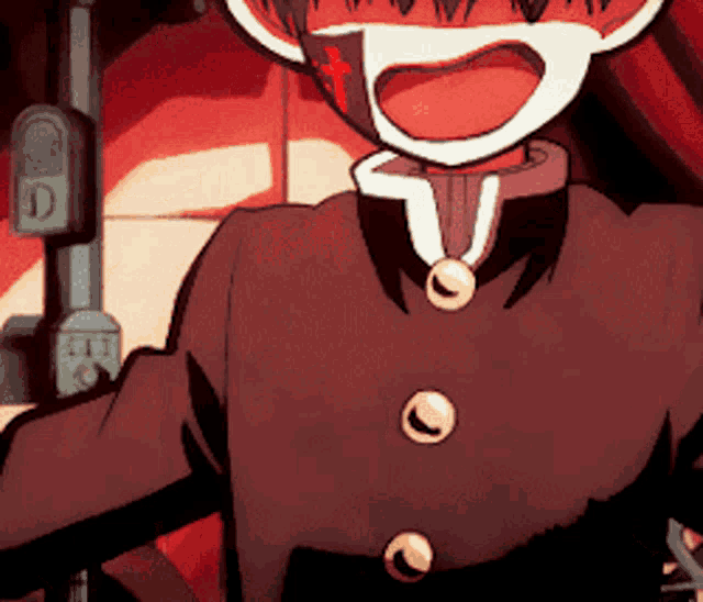 a close up of a cartoon character wearing a brown jacket