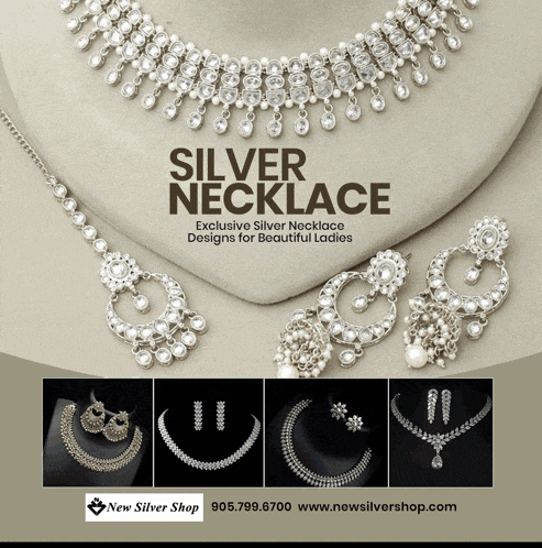 an advertisement for silver necklaces and earrings with the website www.newsilvershop.com on the bottom