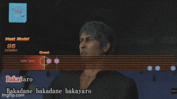 a video game screen shows a man playing a guitar and the words bakadano bakadane bakayaro