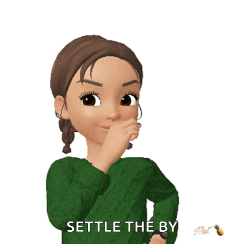 a cartoon girl in a green sweater with the words settle the by written on the bottom