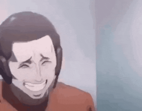 a cartoon of a man with a beard laughing with his eyes closed .