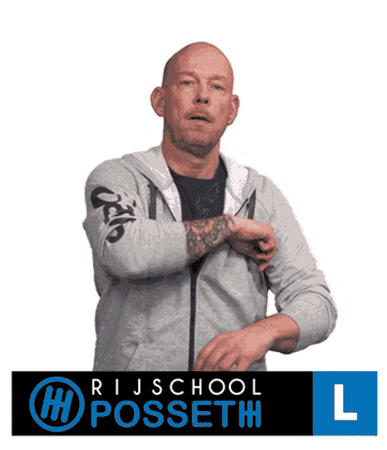 a man is standing in front of a sign for rijschool posseth