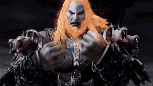 a video game character with red hair and chains around his arms says youtube on the bottom